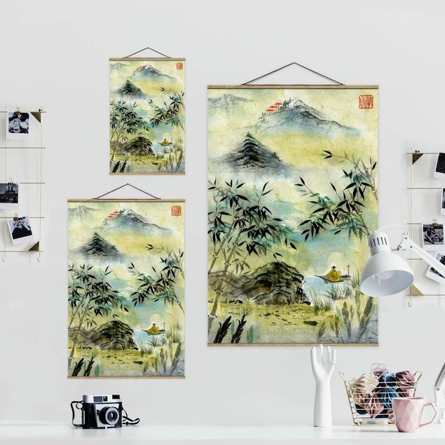 Obrazy krajobraz Japoński rysunek akwarelą Las bambusowy
