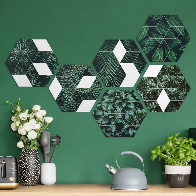 Obraz heksagonalny z Alu-Dibond 6-częściowy - Zbiór geometrii "Zielone liście" II