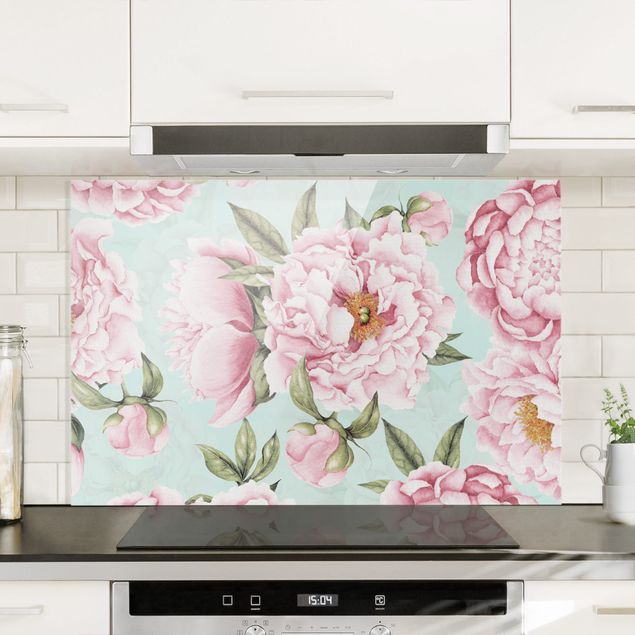 Dekoracja do kuchni Pink Flowers On Mint Green In Watercolour