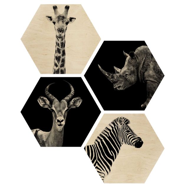 Obraz heksagonalny z drewna 4-częściowy - Kwartet Safari