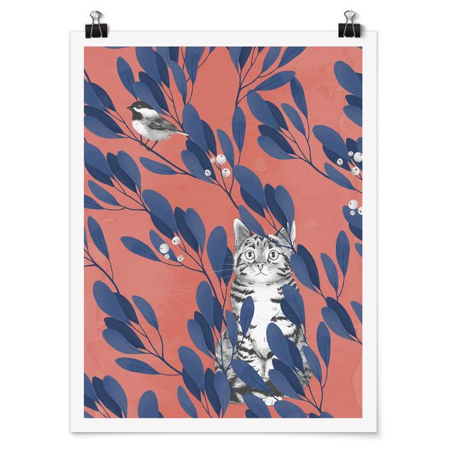 Koty obrazy Ilustracja przedstawiająca kota i ptaka na gałęzi Niebieskoczerwony