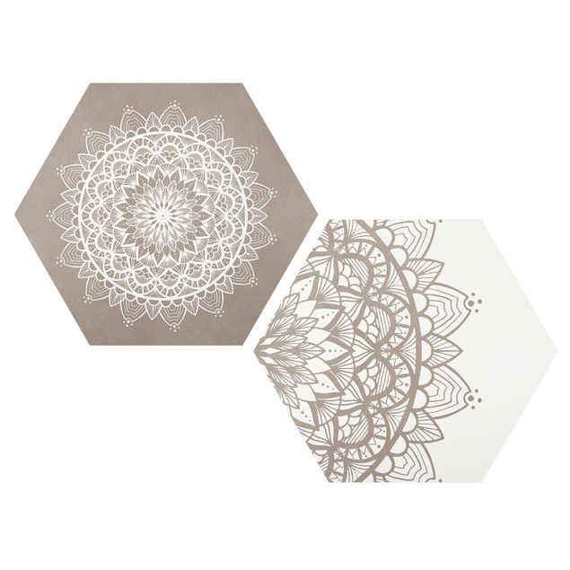 Obraz heksagonalny z Forex 2-częściowy - Mandala Ilustracja shabby zestaw beżowo-biały