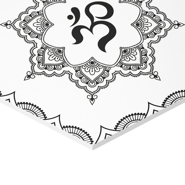 Obraz heksagonalny z Forex 3-częściowy - Hamsa Hand Lotus OM Zestaw ilustracji czarno-biały