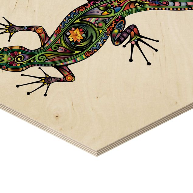 Obraz heksagonalny z drewna - Wzór gekona