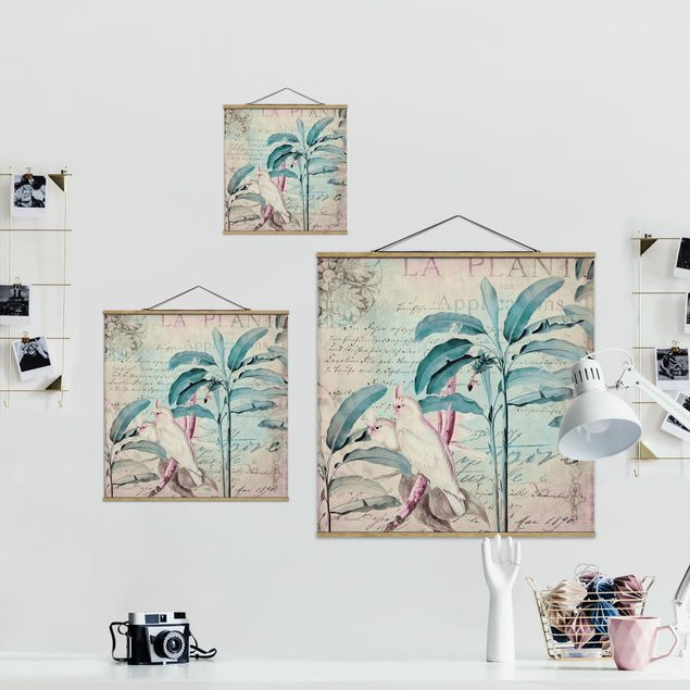 Turkusowy obraz Kolaże w stylu kolonialnym - Kakadu i palmy