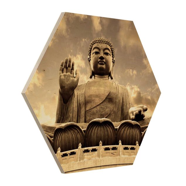 Obraz heksagonalny z drewna - Wielki Budda Sepia