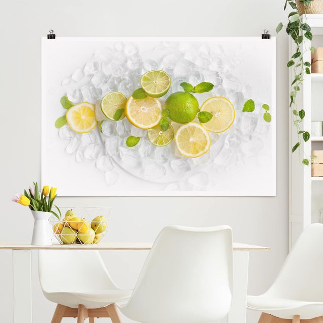 Obrazy z owocami Owoce cytrusowe na kostkach lodu