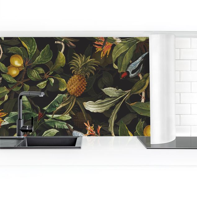 Panel szklany do kuchni Ptaki z ananasem zielonym II