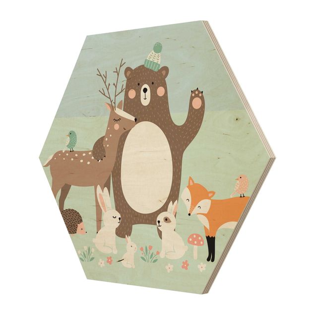 Obraz heksagonalny z drewna - Leśni przyjaciele z leśnymi zwierzętami niebieski