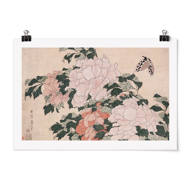 Motyl obraz Katsushika Hokusai - Różowe piwonie z motylem