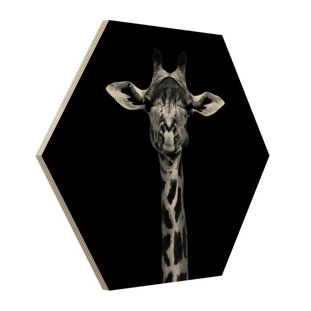 Obraz heksagonalny z drewna - Portret ciemnej żyrafy