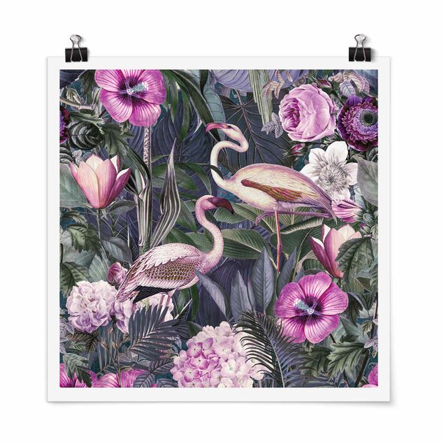 Obrazy ze zwierzętami Kolorowy kolaż - Różowe flamingi w dżungli