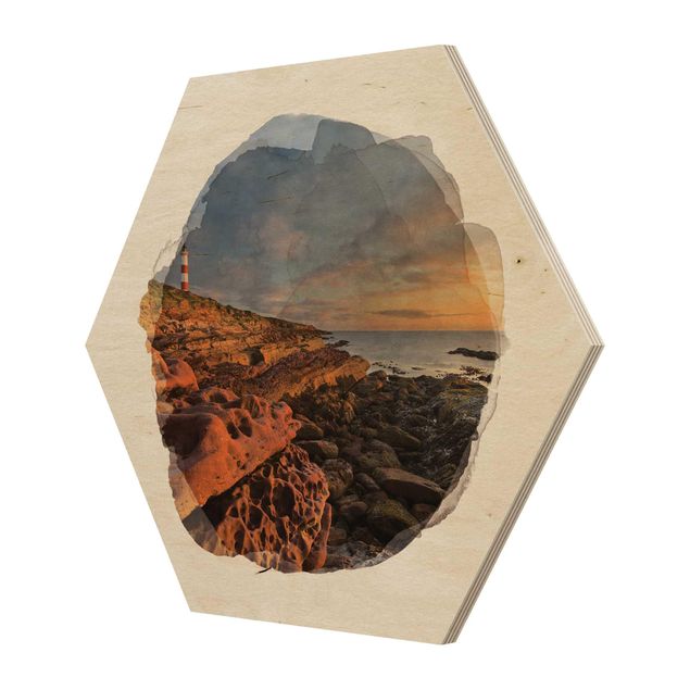 Obraz heksagonalny z drewna - Akwarele - Tarbat Ness Sea & Sunset Lighthouse