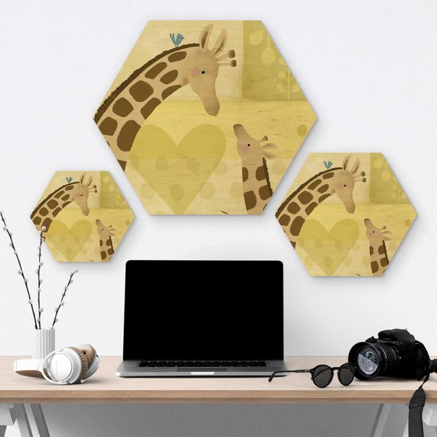 Obraz heksagonalny z drewna - Mama i ja - Żyrafy