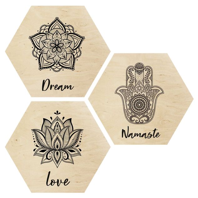 Obraz heksagonalny z drewna 3-częściowy - Mandala Namaste Lotos Zestaw czarno-biały
