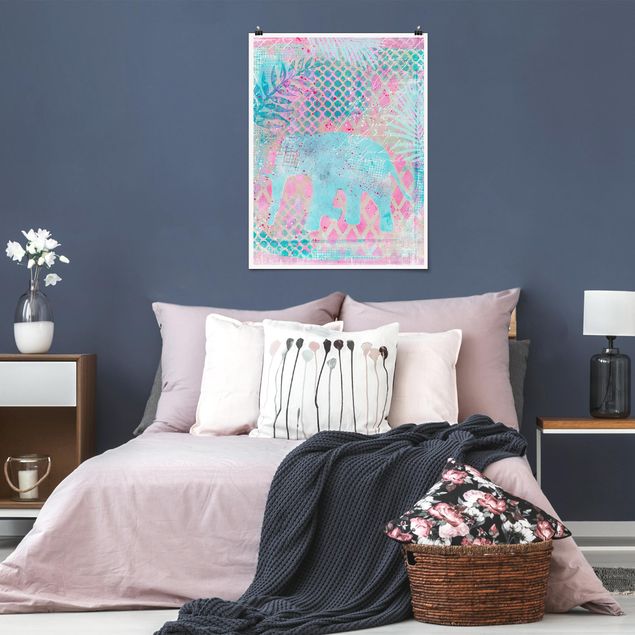 Obrazy nowoczesne Kolorowy kolaż - słoń w kolorze niebieskim i różowym