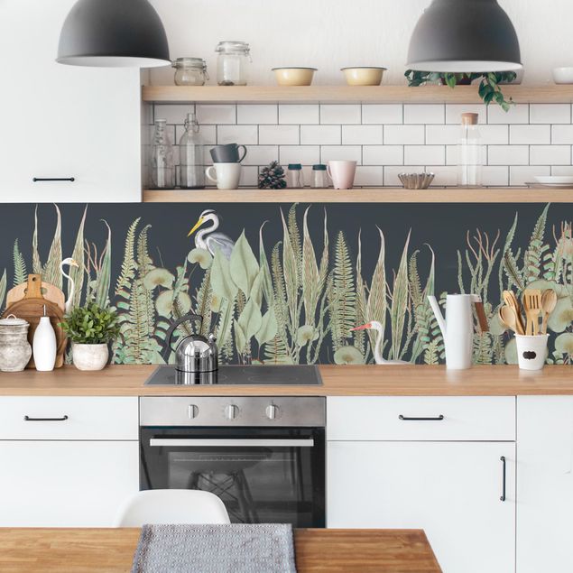 Panel ścienny do kuchni - Flamingo i bocian z roślinami na zielonym tle