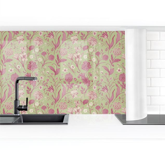 Panel ścienny do kuchni - Taniec kwiatów w pastelowej miętowej zieleni i różu II