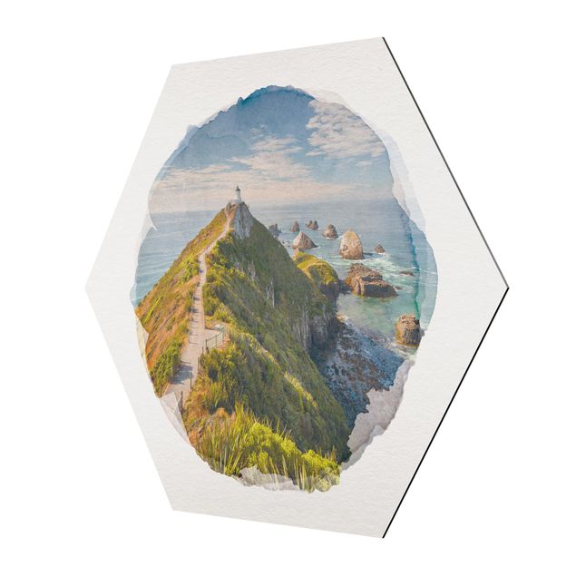 Obrazy na ścianę krajobrazy Akwarele - Nugget Point Lighthouse and Sea Nowa Zelandia