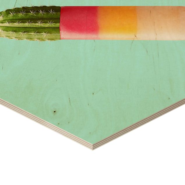 Obraz heksagonalny z drewna - Lód z kaktusem