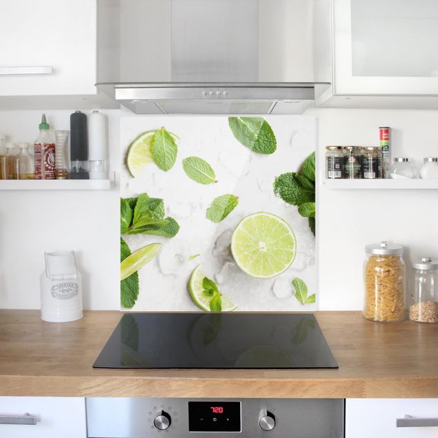 Panel szklany do kuchni Mięta limonkowa na kostce lodu