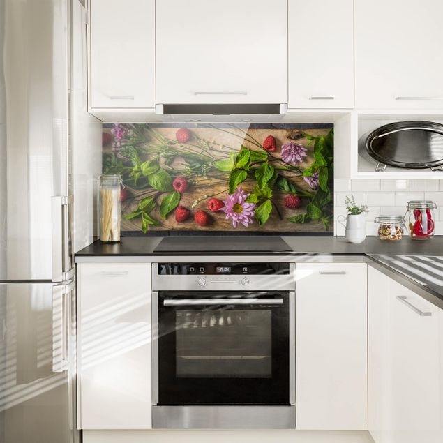 Panel szklany do kuchni Kwiaty Maliny Mięta