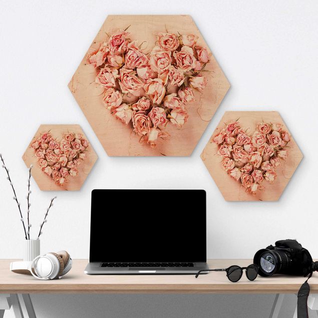 Obraz heksagonalny z drewna - Różane serce