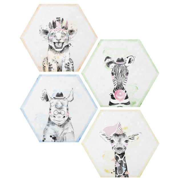 Obraz heksagonalny z Forex 4-częściowy - Zabawne zwierzęta z Safari