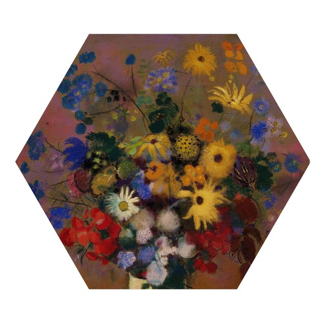 Obraz heksagonalny z drewna - Odilon Redon - Kwiaty w wazonie