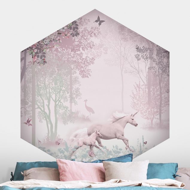 Pokój niemowlęcy i dziecięcy  Unicorn On Flowering Meadow In Pink
