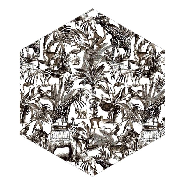 Szara tapeta Słonie Żyrafy Zebry i Tygrysy Czarno-białe z brązowymi tonami