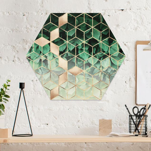 Obrazy do salonu nowoczesne Zielone liście złota geometria