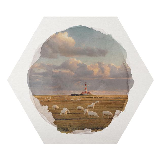 Obrazy krajobraz Akwarele - Latarnia morska na Morzu Północnym ze stadem owiec