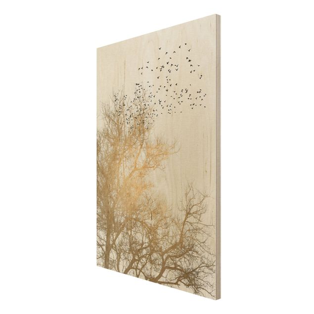Obrazy z drewna Stado ptaków na tle złotego drzewa