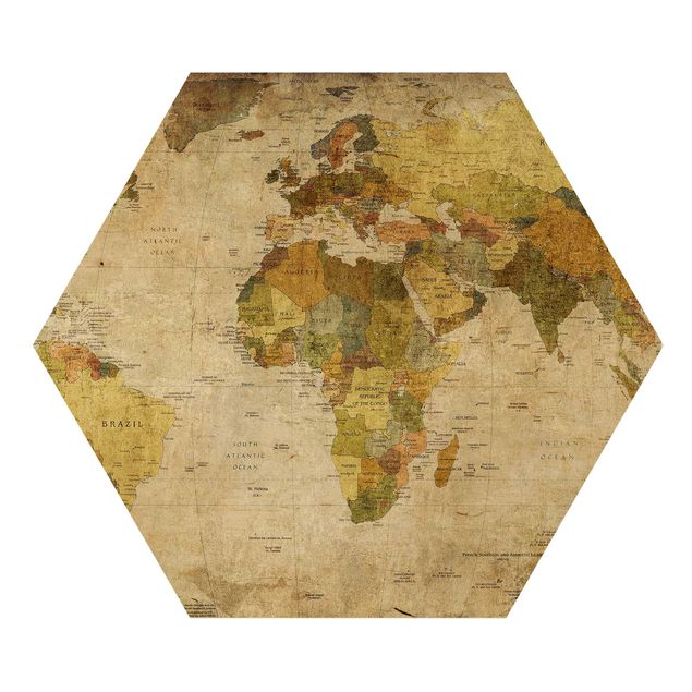 Obraz heksagonalny z drewna - Mapa świata
