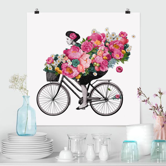 Obrazy do salonu Ilustracja Kobieta na rowerze Kolaż kolorowych kwiatów