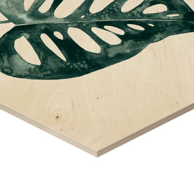 Obraz heksagonalny z drewna - Smaragd Green Monstera Adansonii