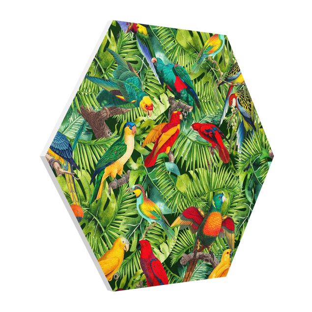 Obrazy ze zwierzętami Kolorowy kolaż - Papugi w dżungli