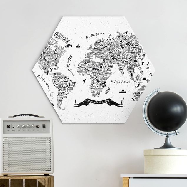 Nowoczesne obrazy do salonu Typografia Mapa świata biała