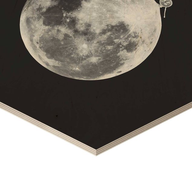 Obraz heksagonalny z drewna - Balon z księżycem