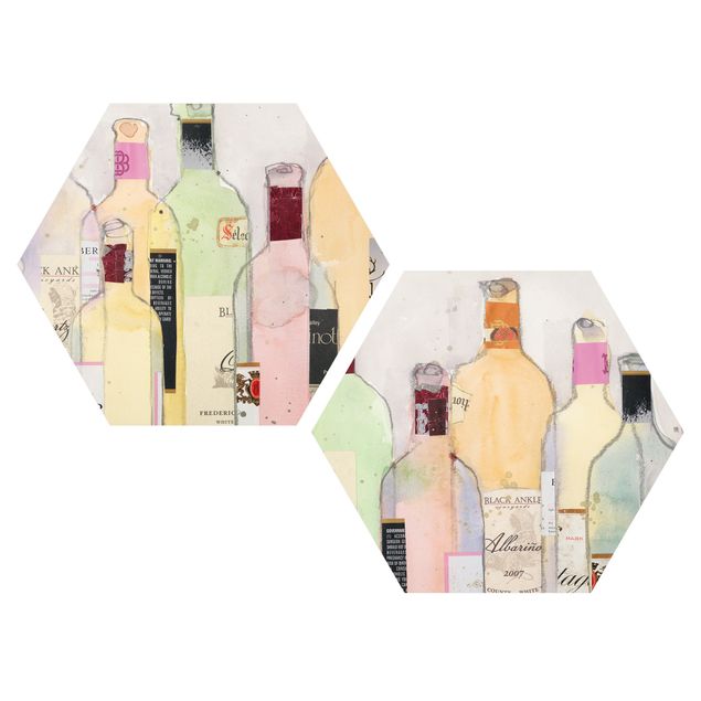 Obraz heksagonalny z Alu-Dibond 2-częściowy - Butelki do wina w akwareli Zestaw I