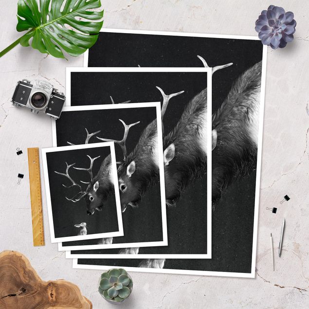 Obraz czarny Ilustracja Jeleń i zając Czarno-biały obraz