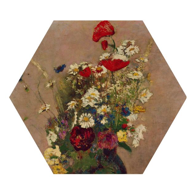 Obraz heksagonalny z drewna - Odilon Redon - Wazon na kwiaty z makami
