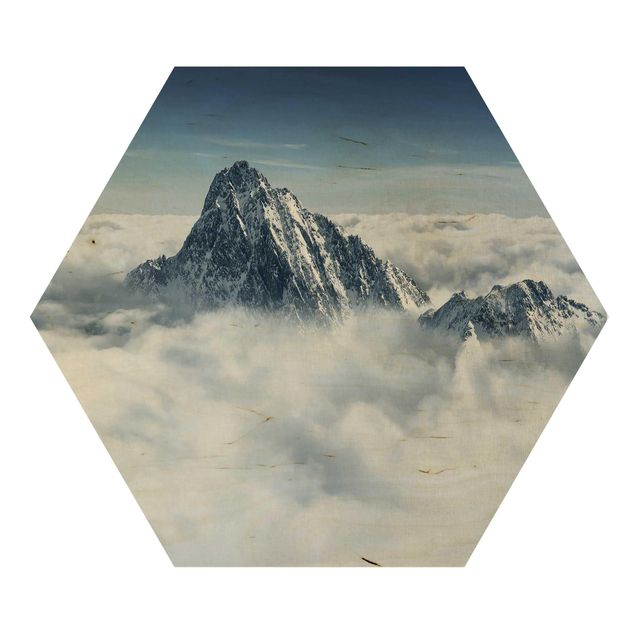Obraz heksagonalny z drewna - Alpy ponad chmurami