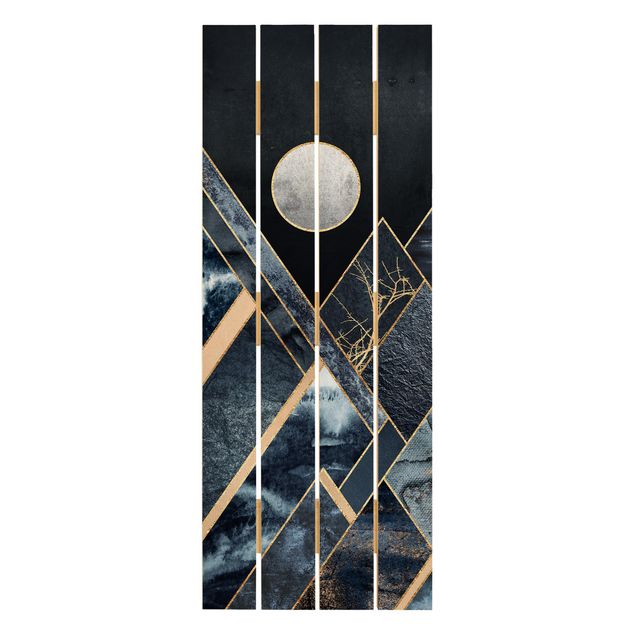Obrazy na drewnie Złoty księżyc abstrakcyjne czarne góry