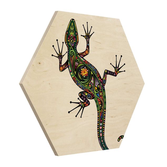 Obraz heksagonalny z drewna - Wzór gekona