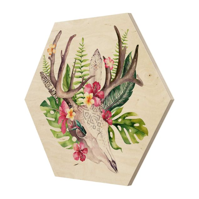 Obraz heksagonalny z drewna - Czaszka tropikalnego kwiatu II