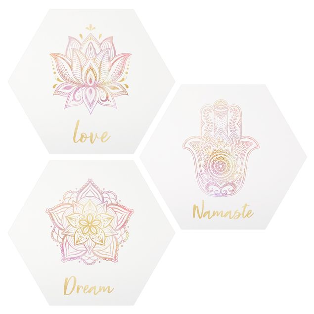 Obraz heksagonalny z Forex 3-częściowy - Mandala Namaste Lotus Set złoty różowy