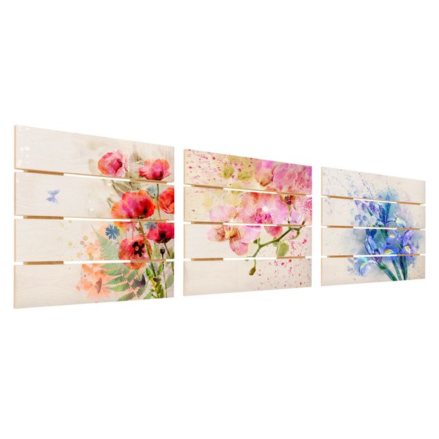 Obraz z drewna 3-częściowy - Akwarela Trio kwiatowe
