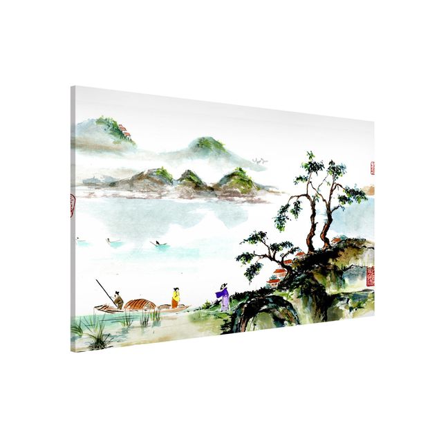 Dekoracja do kuchni Japońska akwarela do rysowania jeziora i gór
